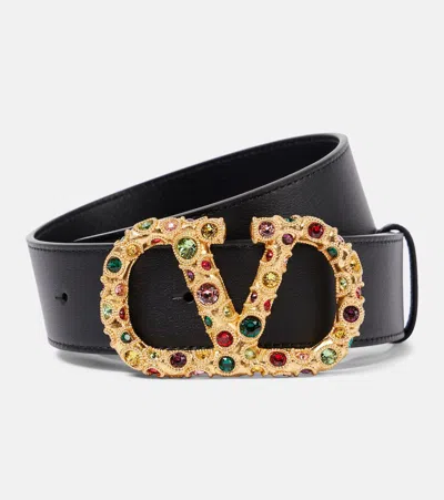 Valentino Garavani Vlogo Signature Embellished Leather Belt In Black