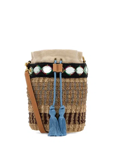 Valentino Garavani Vlogo Signature Embroidered Raffia Bucket Bag In Brown