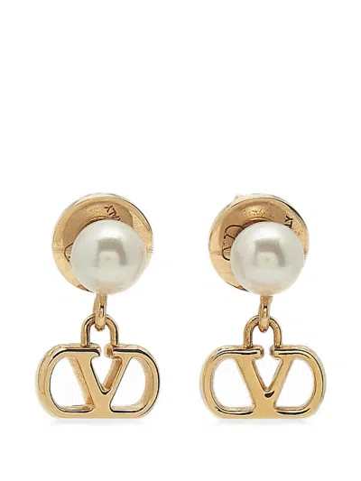 Pre-owned Valentino Garavani Vlogo Signature Faux Pearl Earrings In Gold