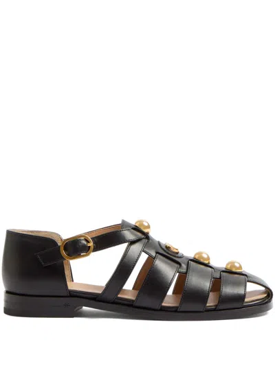 Valentino Garavani Vlogo Signature Faux-pearl Flat Sandals In Black