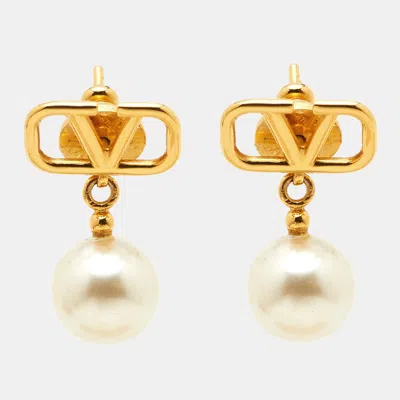 Pre-owned Valentino Garavani Vlogo Signature Faux Pearl Gold Tone Drop Earrings
