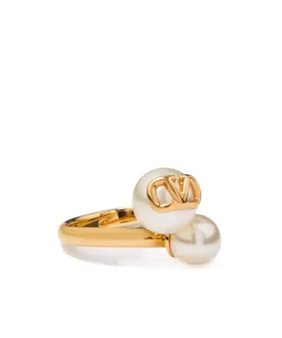 Valentino Garavani Vlogo Signature Faux-pearl Ring In Gold