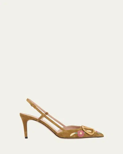 Valentino Garavani Vlogo Signature Flower-embroidered Suede Slingback Pumps In Gold