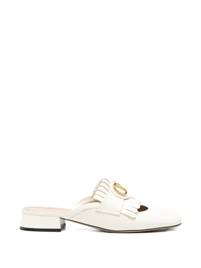 Pre-owned Valentino Garavani Vlogo Signature Fringed Mules In Neutrals