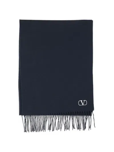 Valentino Navy Blue Virgin Wool Scarf With Vlogo Signature Embroidery