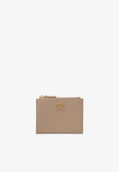Valentino Garavani Vlogo Signature Grained Leather Zip Cardholder In Brown