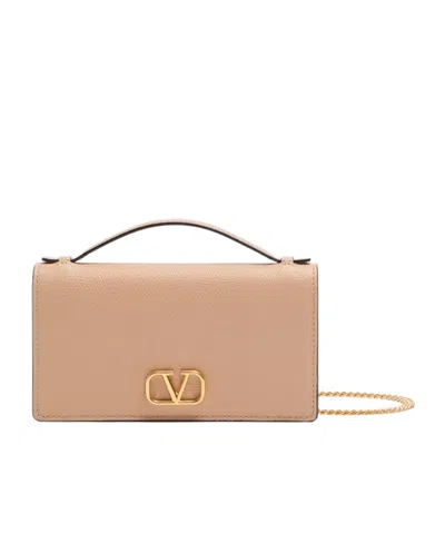 Valentino Garavani Vlogo Signature Grainy Calfskin Wallet With Chain In Pink