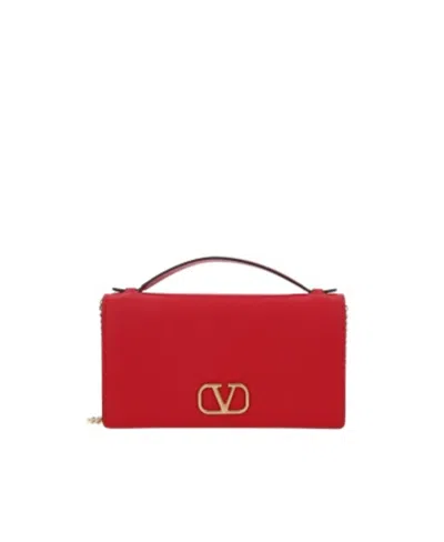 Valentino Garavani Vlogo Signature Grainy Calfskin Wallet With Chain In Red