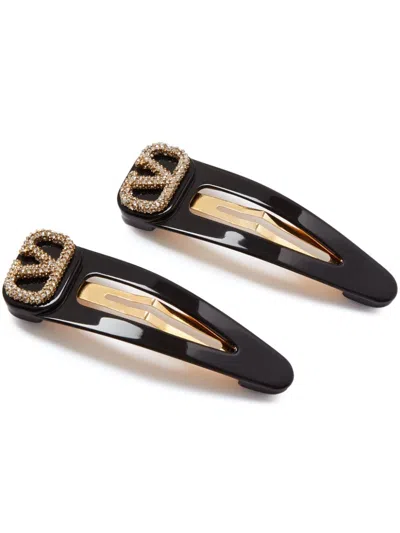 Valentino Garavani Two-tone Rubber And Metal Vlogo Hair Clips In Black