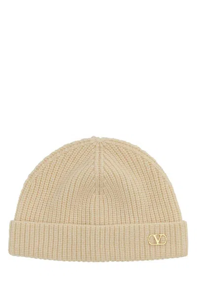 Valentino Garavani Ribbed Cashmere Beanie Hat With Turn-up Brim In Beige O Tan