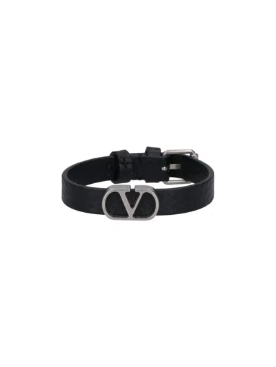 Valentino Garavani Vlogo Signature Leather Bracelet In Black
