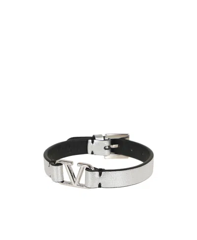 Valentino Garavani Vlogo Signature Leather Bracelet In Gray
