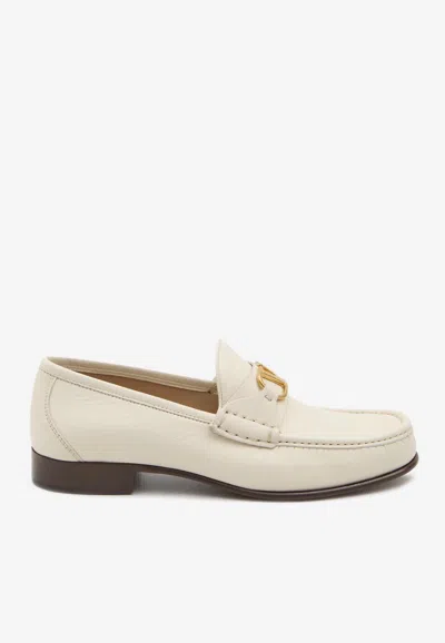 Valentino Garavani Ivory Leather V Logo Signature Loafers In White
