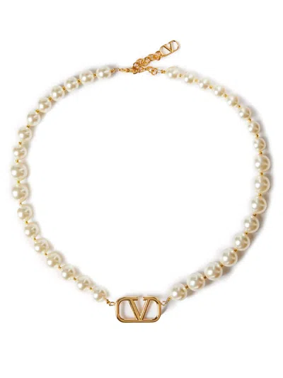 Valentino Garavani Vlogo Signature Metal And Swarovski Pearls Necklace In Gold