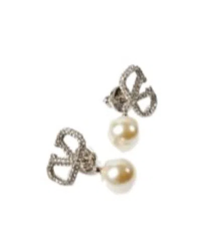 Valentino Garavani Vlogo Signature Metal Earrings With Crystals And Pearls In Swarovski Crystal In Metallic