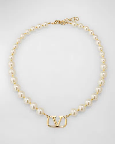 Valentino Garavani Vlogo Signature Metal Necklace With Swarovski Pearls In Gold
