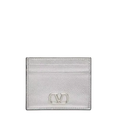 Valentino Garavani Vlogo Signature Metallic Card Holder In Gray