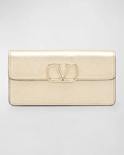 Valentino Garavani Vlogo Signature Metallic Leather Wallet On Chain In Platino