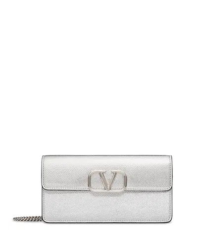 Valentino Garavani Valentino Vlogo Signature Metallic Wallet With Chain In Silver