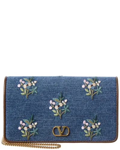 Valentino Garavani Valentino Vlogo Signature Mini Leather & Denim Wallet On Chain In Blue