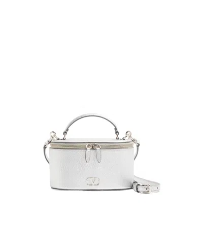 Valentino Garavani Vlogo Signature Mini Vanity Bag In Laminated Grainy Calfskin In White