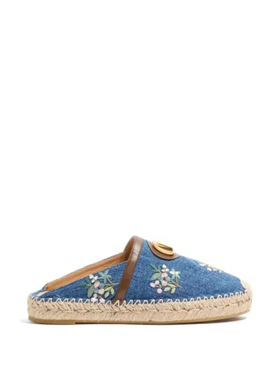 Valentino Garavani Vlogo Signature Mules In Denim With Floral Embroidery 25mm In Blue
