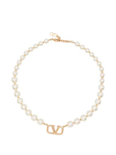 Pre-owned Valentino Garavani Vlogo Signature Pearl Necklace In Gold