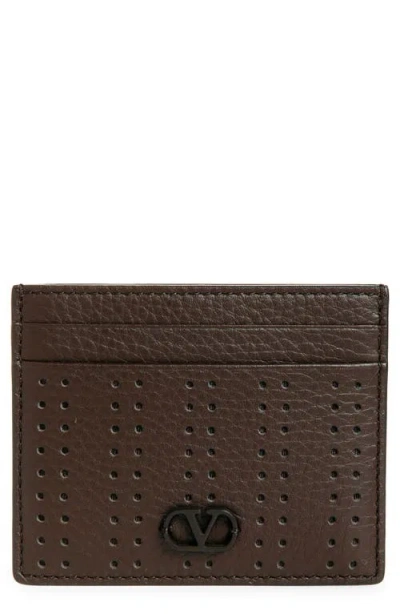 Valentino Garavani Valentino Vlogo Signature Perforated Leather Card Case In Brown