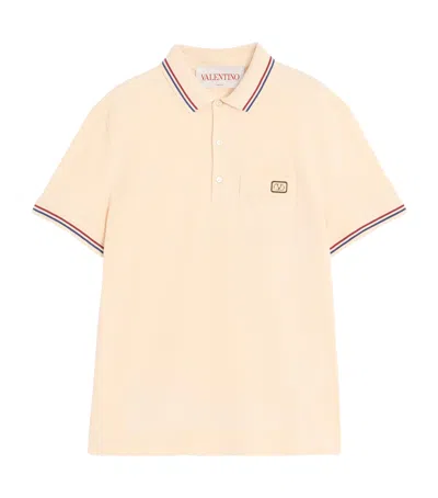 Valentino Cotton Piqué Polo Shirt With V-logo Patch In Neutral