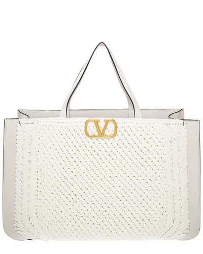 Valentino Garavani Valentino Vlogo Signature Raffia & Leather Tote In White