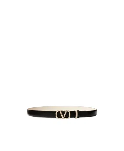 Valentino Garavani Vlogo Signature Reversible Belt In Shiny Calfskin With Pearls 20 Mm