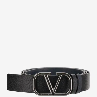 Valentino Garavani Black Logo Buckle Reversible Belt In Nero/marine
