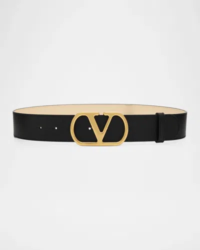 Valentino Garavani Vlogo Signature Reversible Shiny Calfskin Belt 40mm In Black