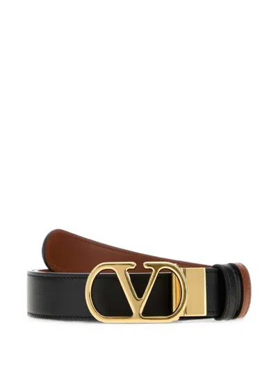 Valentino Garavani Reversible Leather Belt With 3 Cm Golden Metal Finish In Black