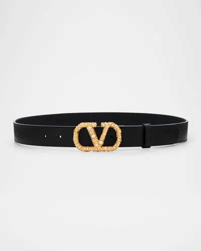 Valentino Garavani Vlogo Signature Rhinestone & Faux Pearl Leather Belt, 30mm In Black
