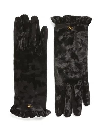 Valentino Garavani Vlogo-signature Ruffled Gloves In Black
