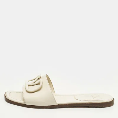 Pre-owned Valentino Garavani Vlogo Signature Size 38 Off-white Leather Flat Slide