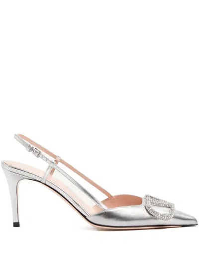 Valentino Garavani Leather Embellished Vlogo Slingback Pumps 80 In Silver