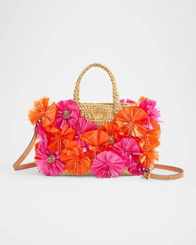 Valentino Garavani Vlogo Signature Small 3d Flower Tote Bag In Naturale Rosso