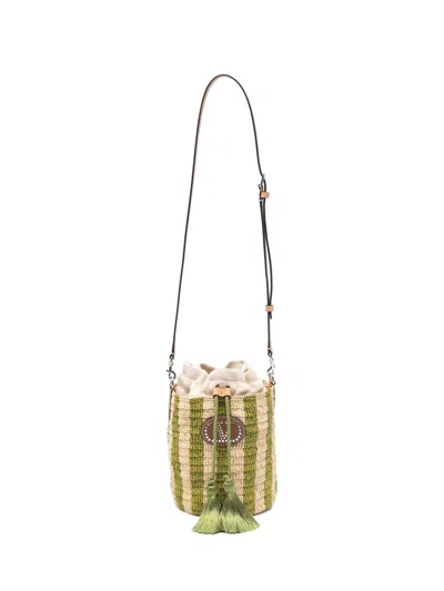 Valentino Garavani Vlogo Signature Small Leather-trimmed Striped Raffia Bucket Bag In Green