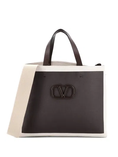 Pre-owned Valentino Garavani Vlogo Signature Tote Leather And Canvas Large Shoulder Bag In Neutral