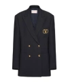 Valentino Virgin Wool Double Breasted Blazer With Metallic Monogram In Black