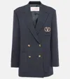 Valentino Virgin Wool Double Breasted Blazer With Metallic Monogram In Blau