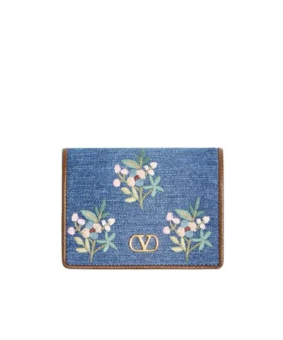 Valentino Garavani Vlogo Signature Wallet In Denim With Floral Embroidery In Blue