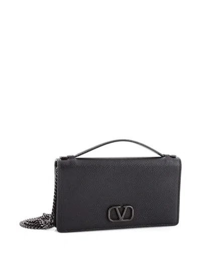 Pre-owned Valentino Garavani Vlogo Signature Wallet On Chain Leather Crossbody Bag In Black