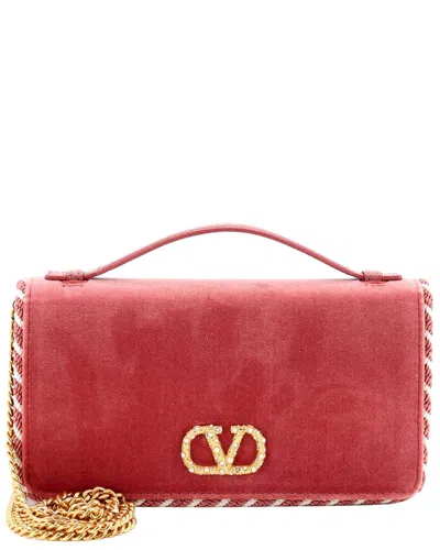 Pre-owned Valentino Garavani Valentino Vlogo Signature Wallet On Chain Velvet With Embellished Hardware  (authentic Pre-loved)
