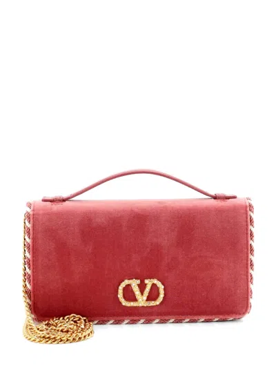 Pre-owned Valentino Garavani Vlogo Signature Wallet On Chain Velvet With Embellished Hardware Crossbody Bag In Pink