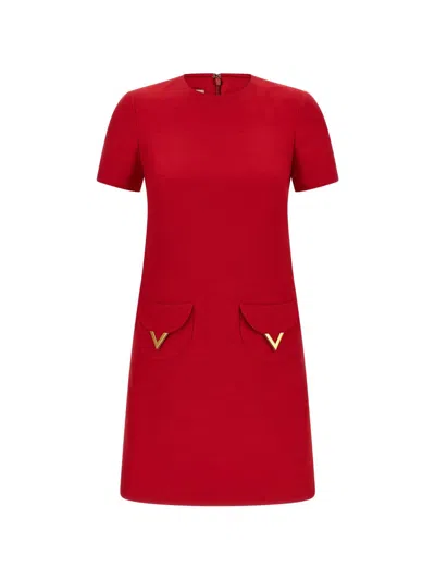Valentino Womens Paris Pocket-front Short-sleeve Wool-blend Midi Dress In Red