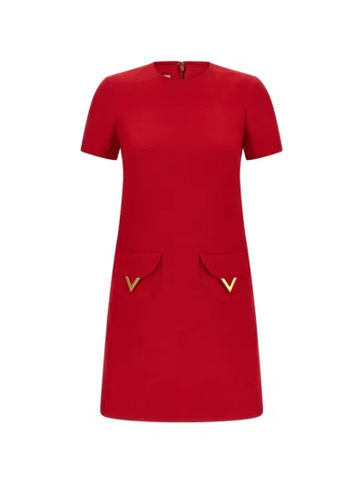 Valentino Womens Paris Pocket-front Short-sleeve Wool-blend Midi Dress In Red