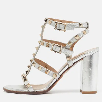 Pre-owned Valentino Garavani Vlogo Size 36 Silver Leather Ankle Strap Sandals